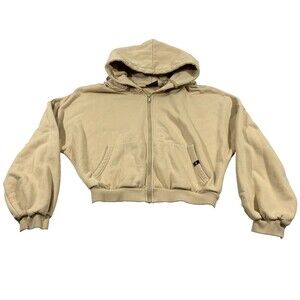 POPFLEX Hoodie Womens Tan Zip Cloud Oversized Sweatshirt Crop Fleeced Sz S/M